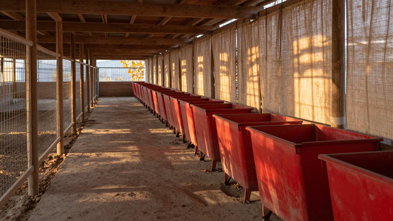 Uzbek Poultry House Aisle with Red Feed Bins in in a poultry house aisle in Uzbekistan