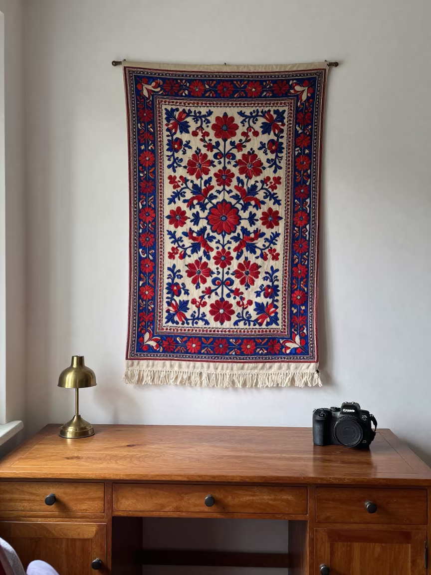 Uzbek Suzani Hanging on Mumbai Desk in on a writing desk near Juhu, Mumbai