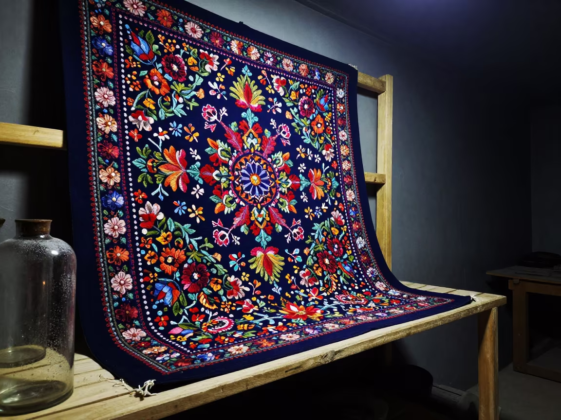 Uzbek Suzani Textile on Workshop Shelf Night in on a workshop shelf near Munich