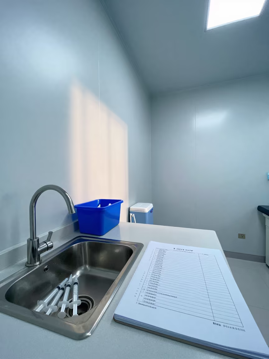 Vaccination Room Bata Cooler Sheets and Syringes in inside a clinic exam room near Bata