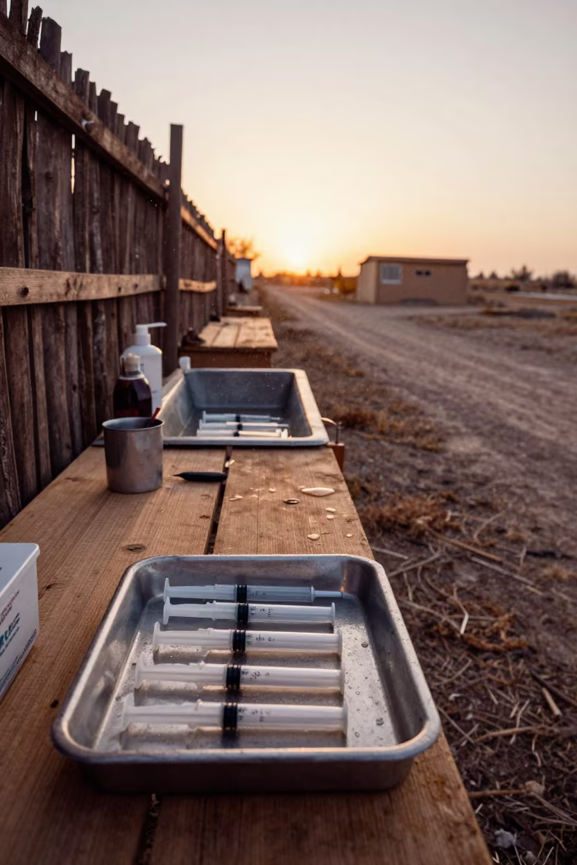 Vaccination Syringe Count Tray Near Water Trough in near a windbreak and water trough in Turkmenistan