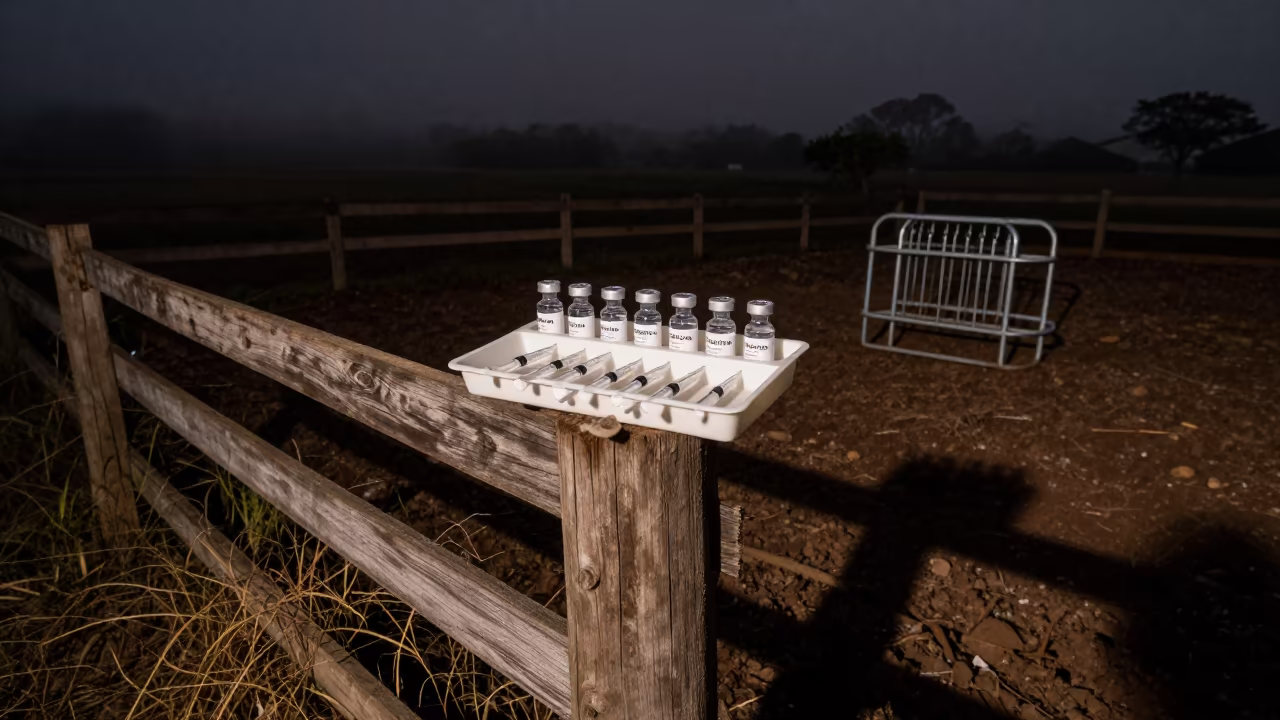 Vaccination Tray in Shadow Along Muddy Fence in along a muddy paddock fence in Guatemala
