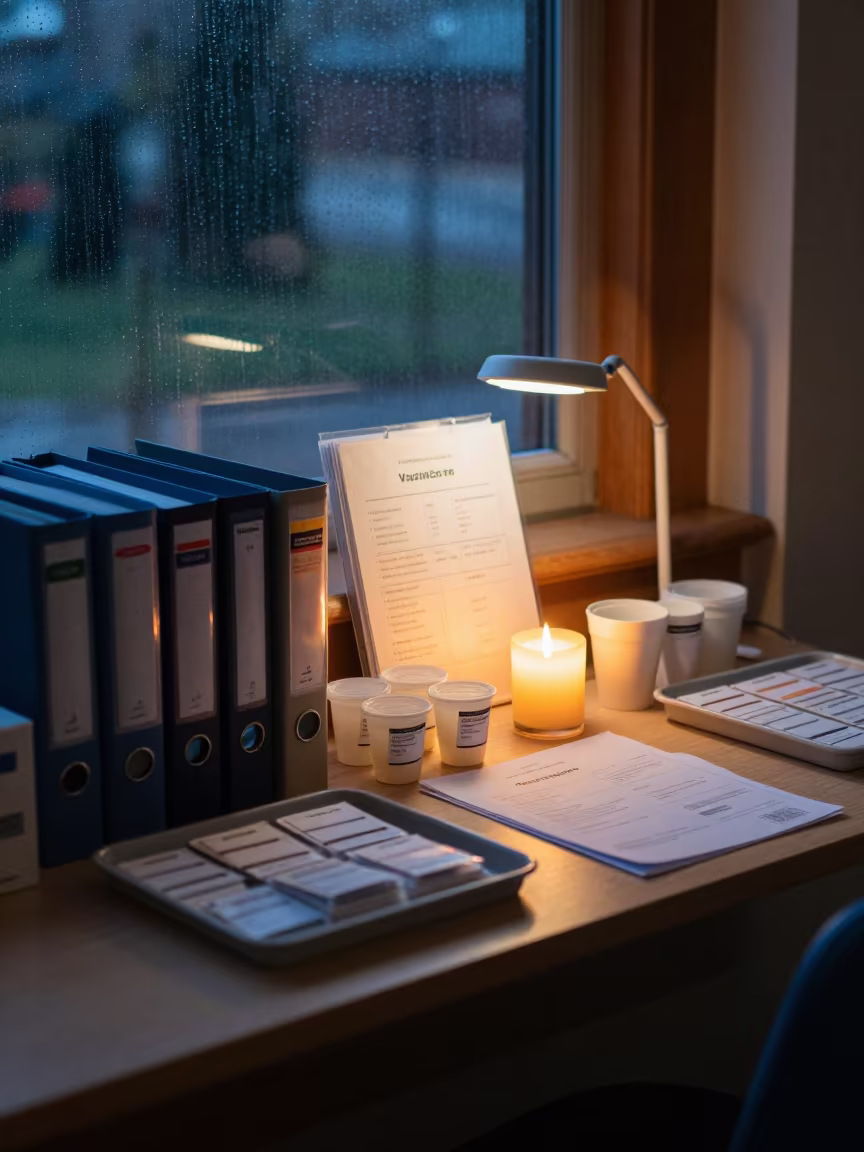 Vaccine binders and treat cups on adoption desk in inside an adoption room in York