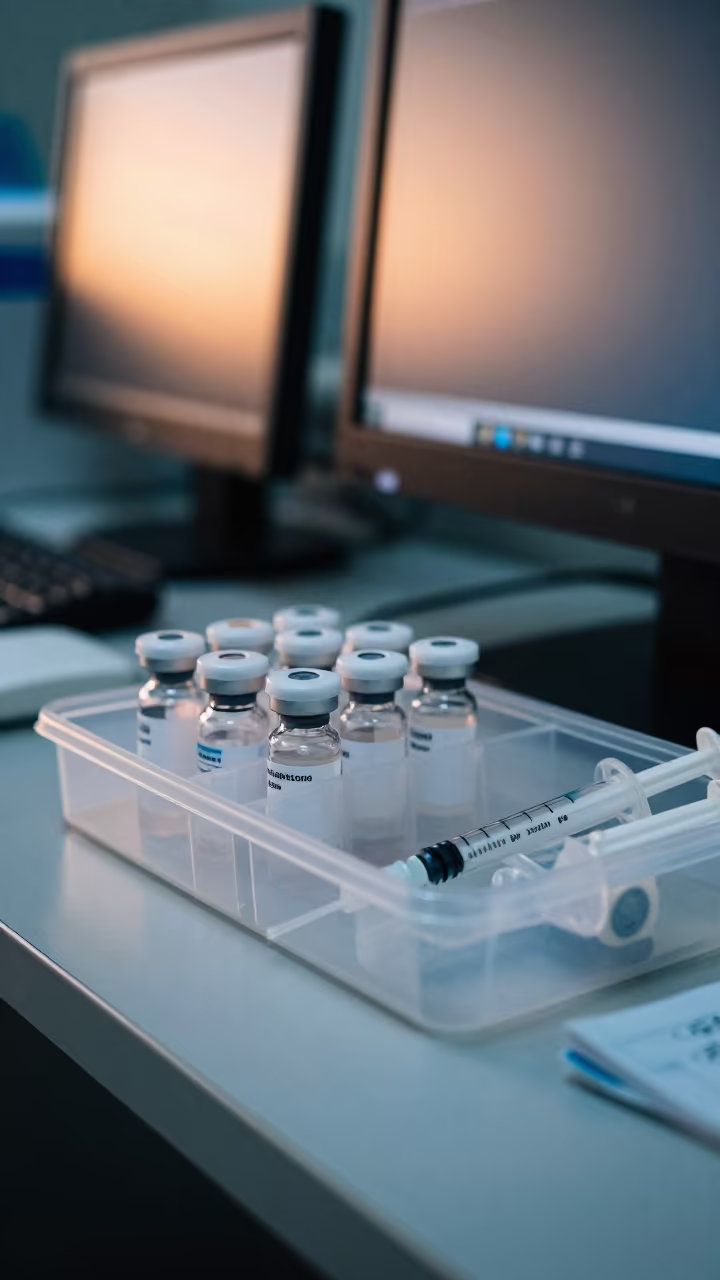 Vaccine Diluent Organizer Tray at Nurse Station in at a nurse station under monitor glow in Taoyuan