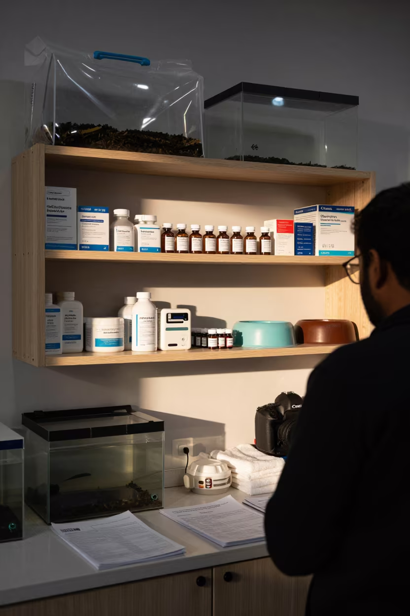 Vaccine Shelf Before Pet Intake in Noida in inside a fish bagging counter zone in Noida