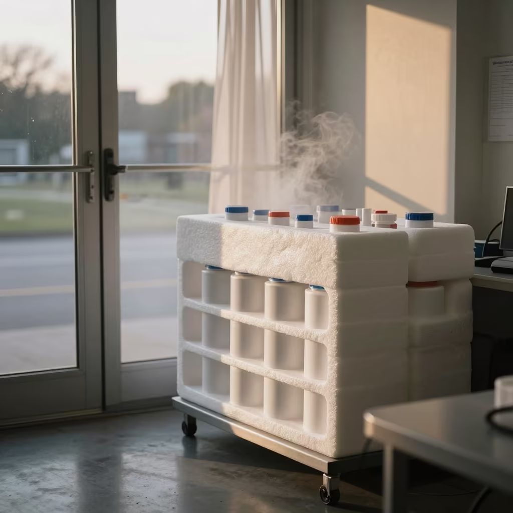 Vaccine Shipper Foam Rack at Dawn Light in inside a dispatch office above the dock near Cali