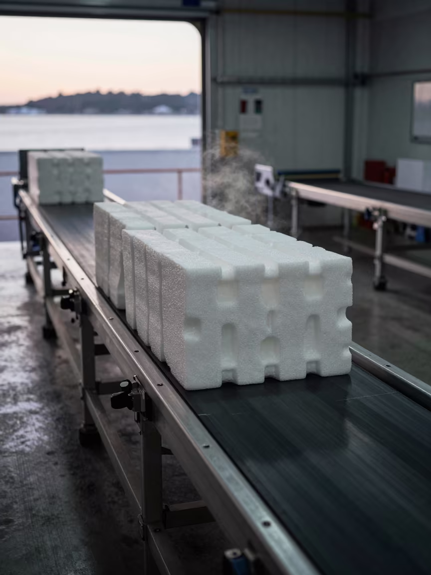 Vaccine Shipper Foam Rack at Dawn in at a parcel sorting belt in Naha
