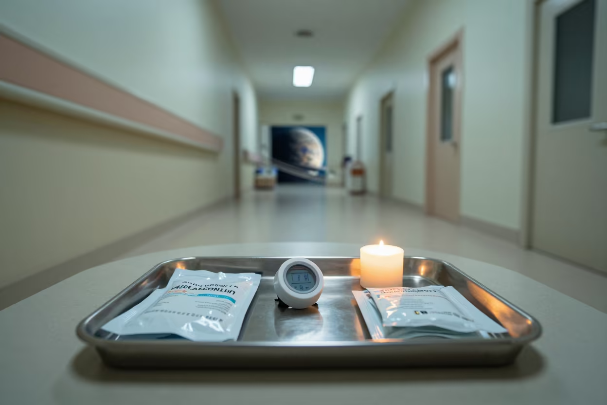 Vaccine Timer in Abuja Corridor Under Ringed Planet in inside a hospital corridor in Abuja