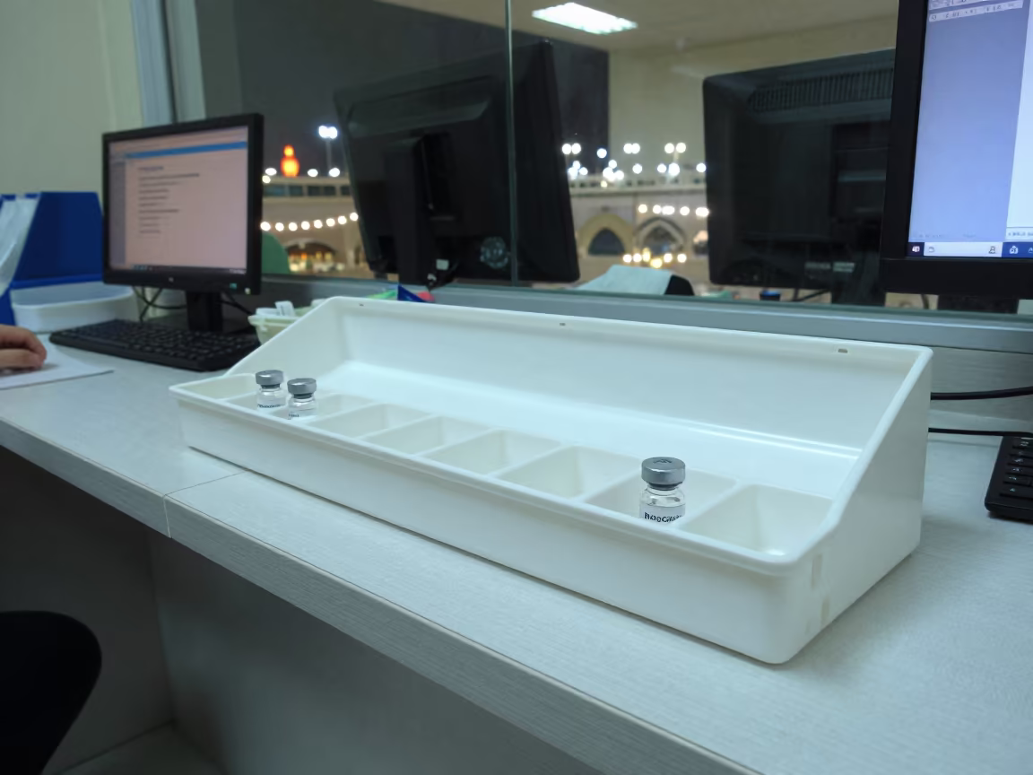 Vaccine Tray at Mecca Nurse Station in at a nurse station under monitor glow in Mecca