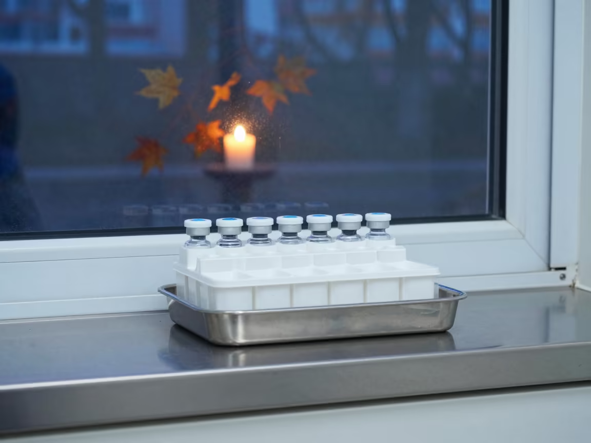 Vaccine Tray on Nurse Station in Autumn Twilight in at a nurse station under monitor glow near Qingdao