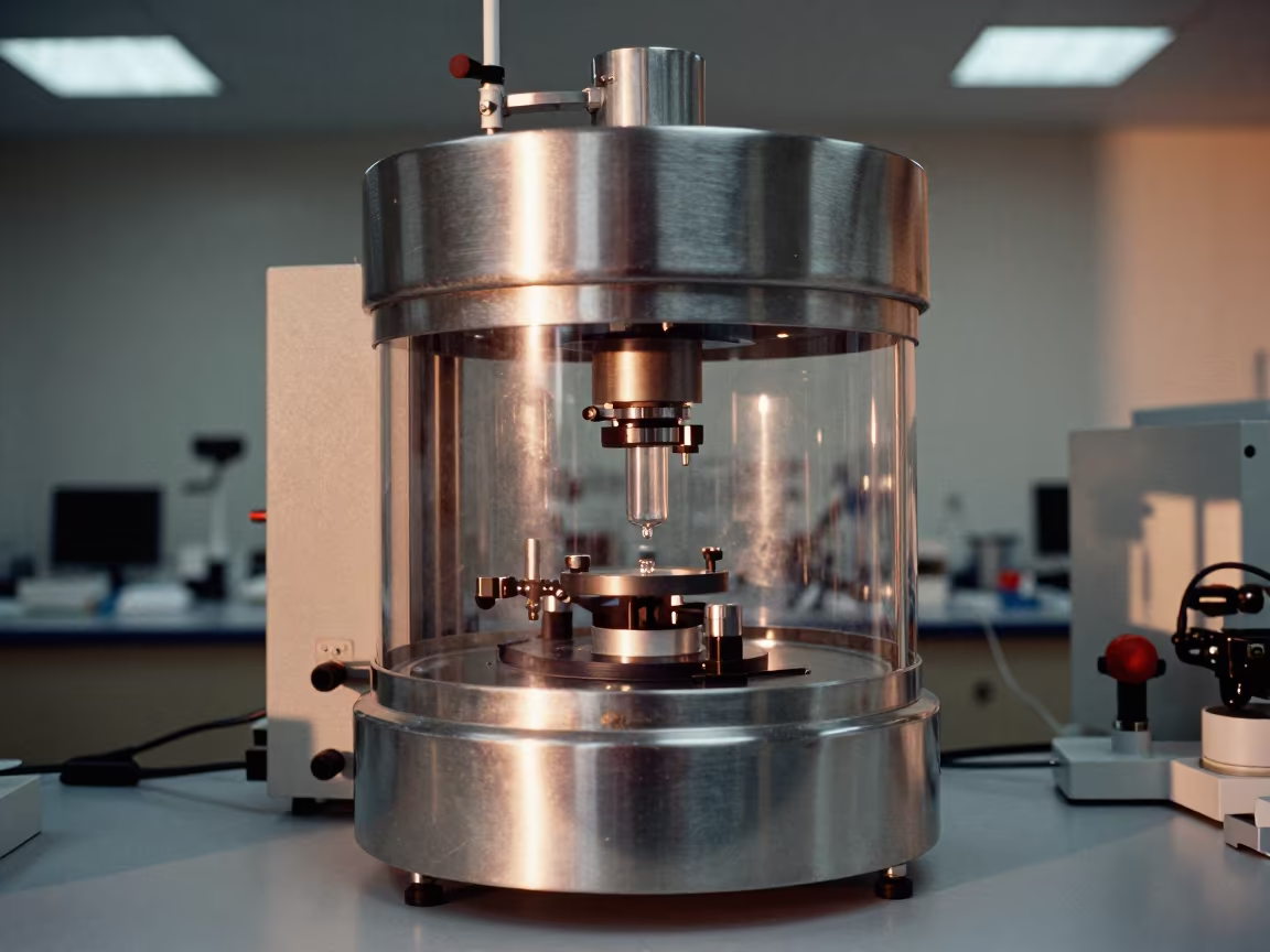 Vacuum Chamber Grid Reflection Qingdao Lab in at a microscopy bench in Qingdao