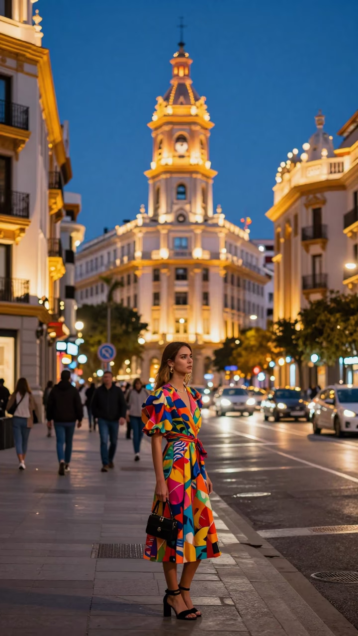 Valencia City Lights Glow on Colorful High Fashion Street Scene at Dusk in in Valencia, Spain