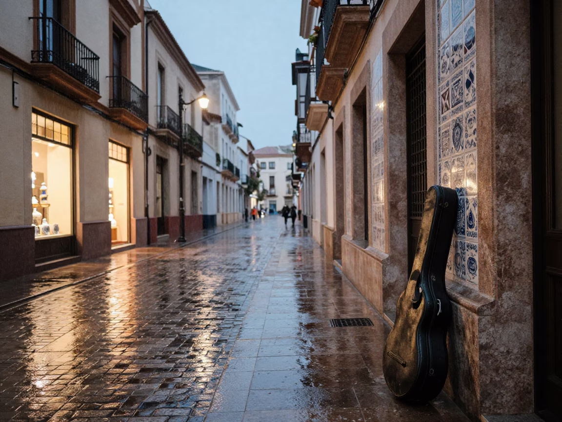 Valencia Dusk Street Scene With Guitar Case And Ceramic Mugs in in Valencia, Spain