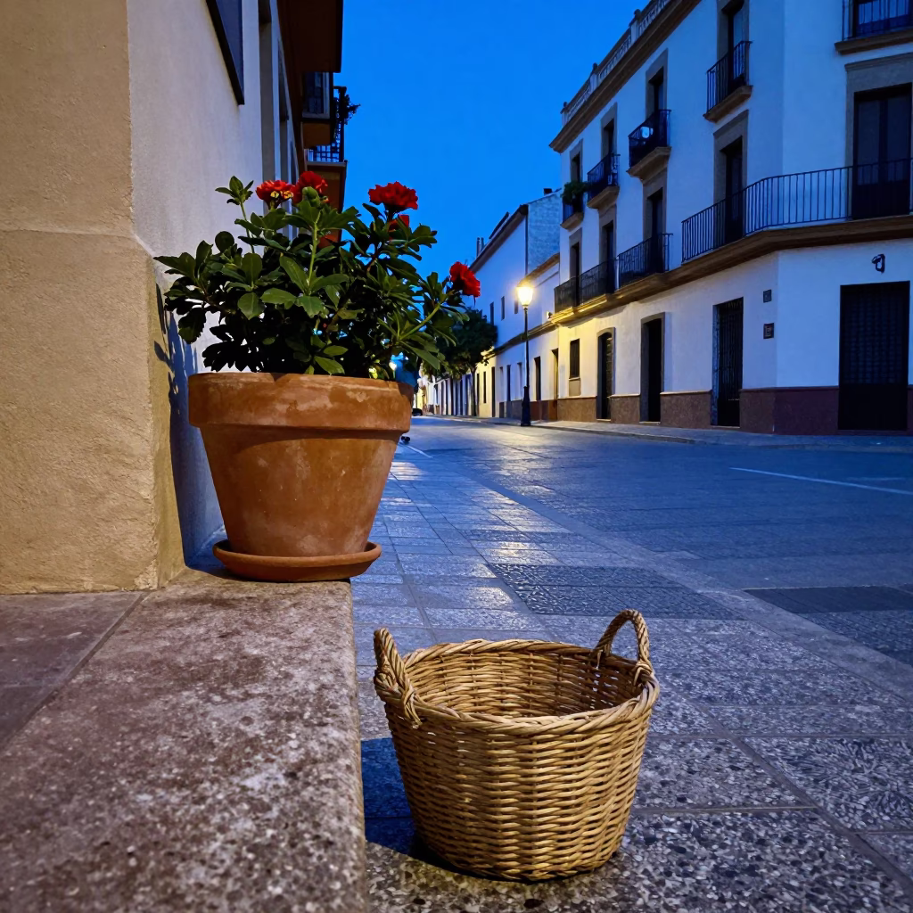 Valencia Evening Blue Hour Street Scene with Flowerpot and Basket in in Valencia, Spain