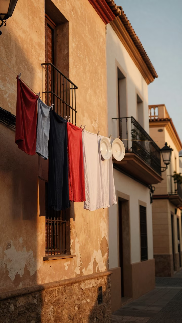 Valencia Evening Street Scene with Hanging Laundry and Ceramic Plates in in Valencia, Spain