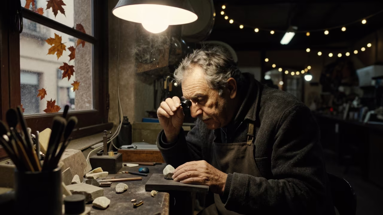 Valencia Goldsmith Examining Stone in Predawn in inside a goldsmith workshop behind the market lane in Valencia
