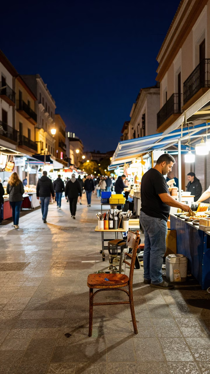 Valencia Night Market Stroll with Rusty Chair and Cutlery Under Deep Sky in in Valencia, Spain