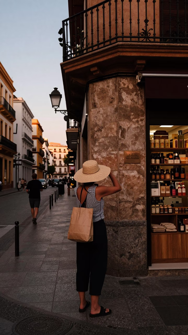 Valencia Spain Before Dusk Sun Hat and Street Scene in Copper Light in in Valencia, Spain