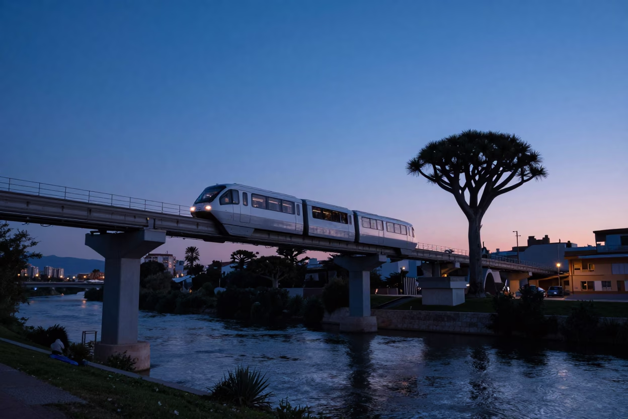 Valencia Spain Blue Hour Monorail River Scene with Monkey Puzzle Tree in in Valencia, Spain