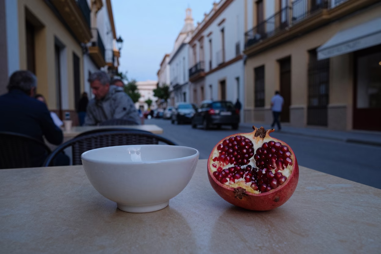 Valencia Spain Blue Hour Street Scene with Ceramic Bowl and Pomegranate in in Valencia, Spain
