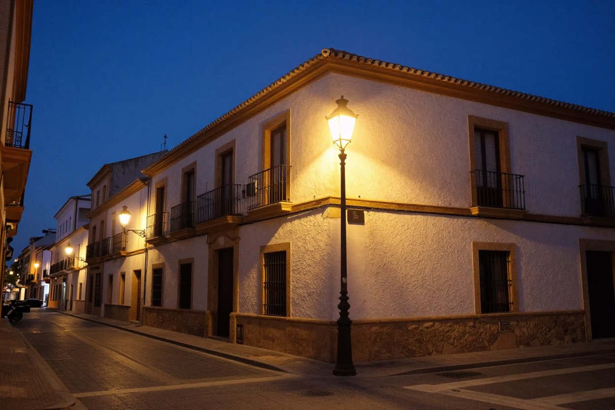 Valencia Spain Blue Hour Street Scene with Vintage 1950s Aesthetic and Local Architecture in in Valencia, Spain
