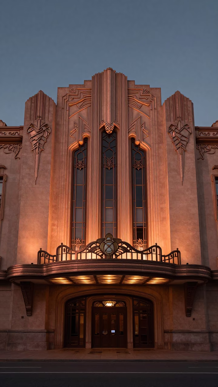 Valencia Spain copper dusk light art deco cinema facade and street scene in in Valencia, Spain
