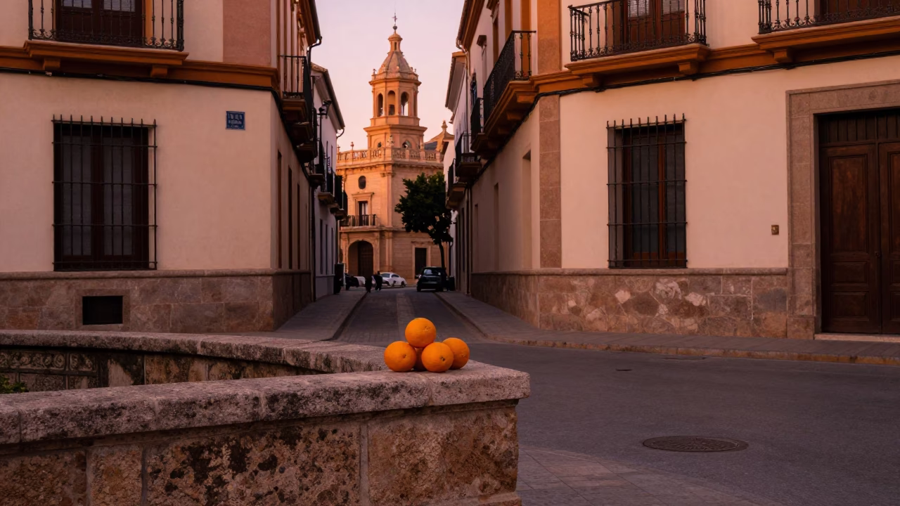 Valencia Spain copper dusk oranges on street corner near historic architecture in in Valencia, Spain