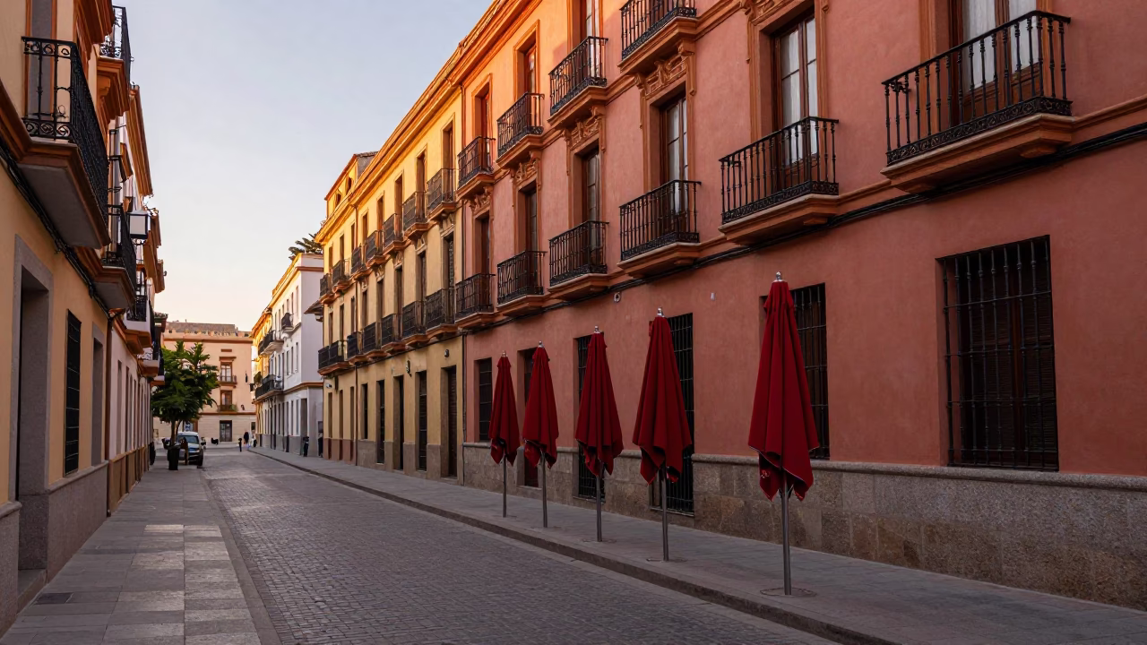 Valencia Spain Dawn Street Scene with Red Umbrellas and Morning Activity in in Valencia, Spain