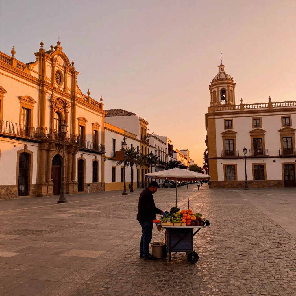 Valencia Spain Dusk Street Scene with Local Vendor and Traditional Hand Broom in in Valencia, Spain