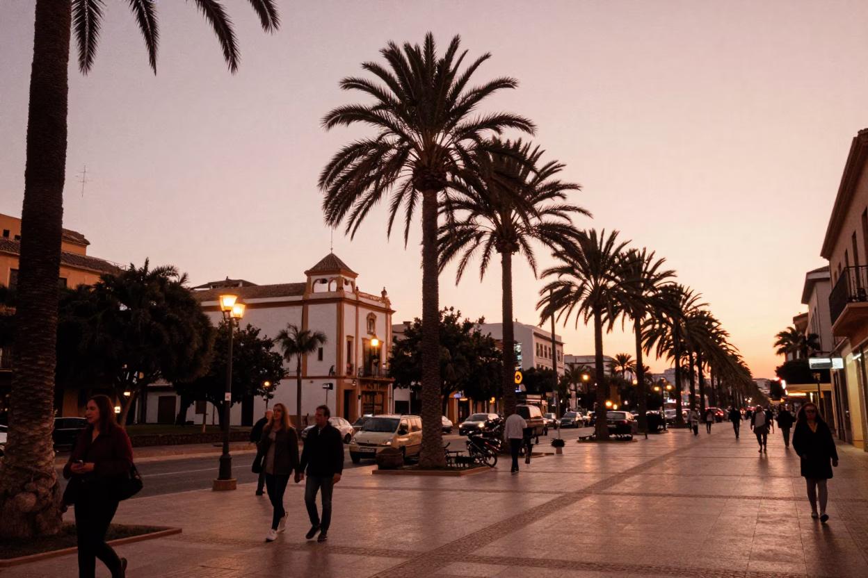 Valencia Spain Dusk Street Scene with Palm Trees and Local Life in in Valencia, Spain