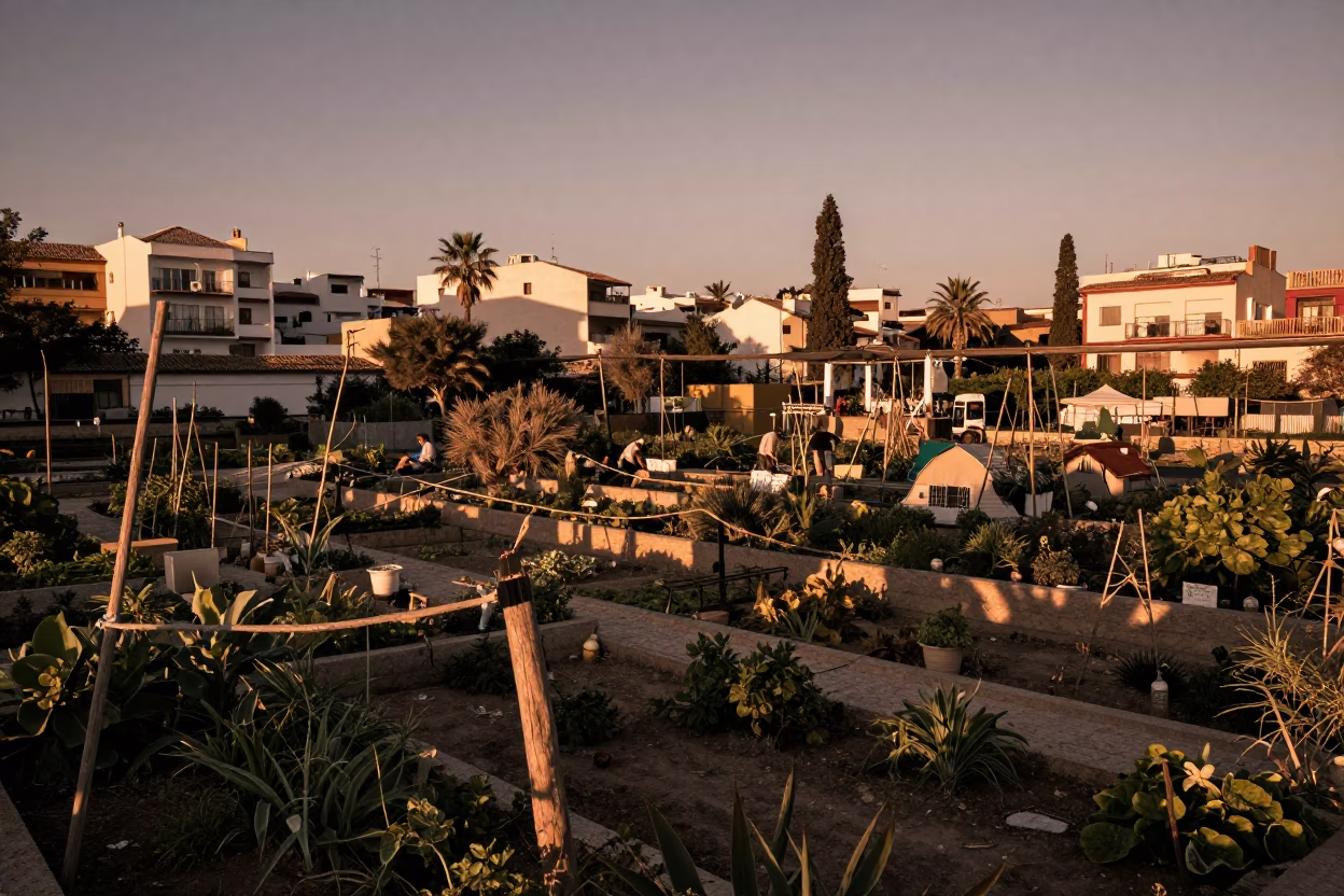 Valencia Spain Dusk Viaduct Shadow Over Allotment Gardens with Fishing Floats in in Valencia, Spain