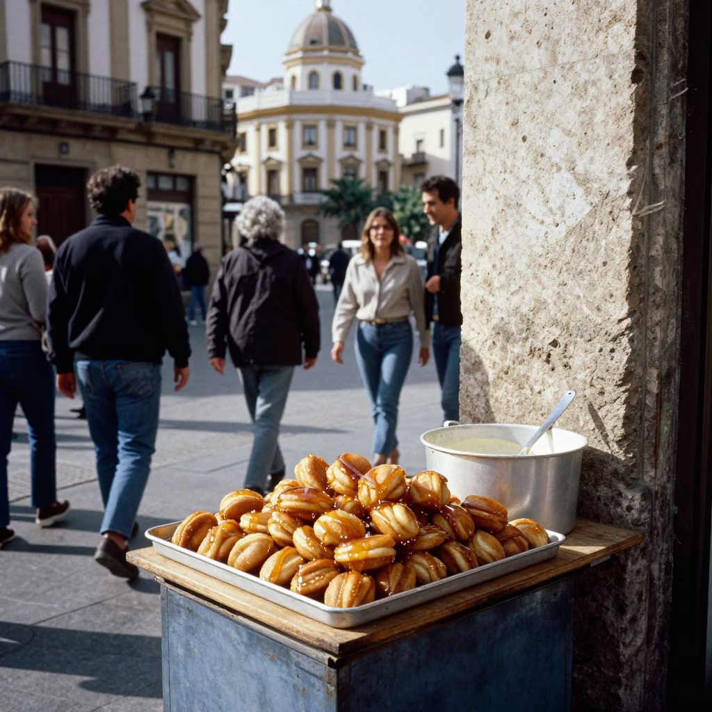 Valencia Spain Early Afternoon Street Scene with Honey Loukoumades and University Arcade in in Valencia, Spain