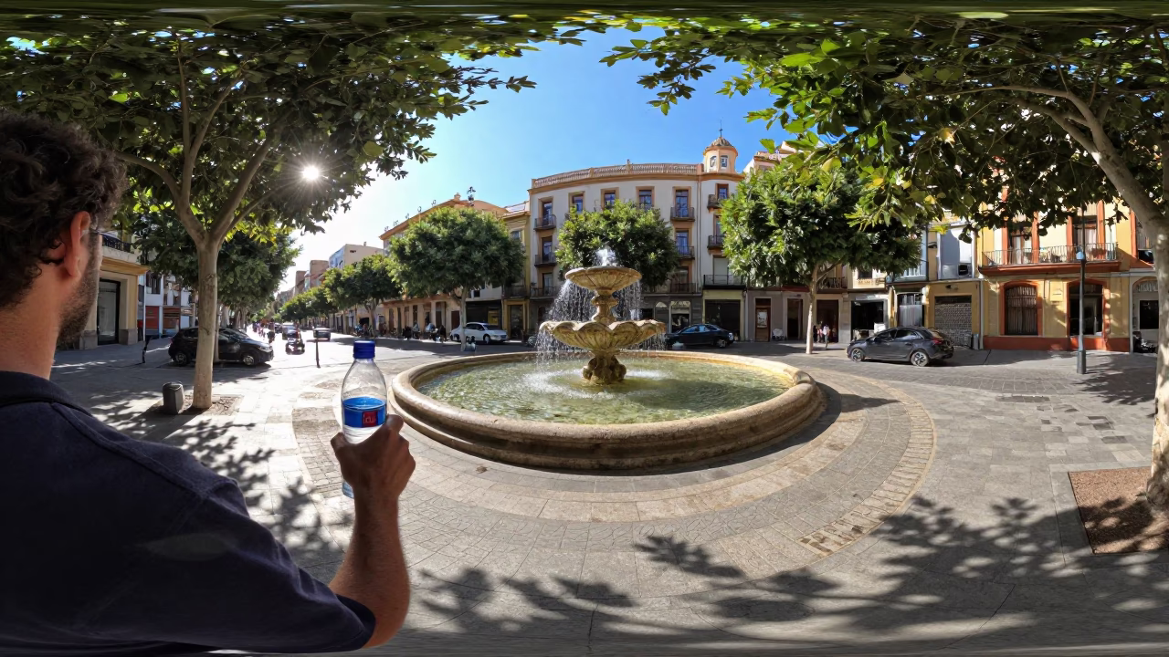 Valencia Spain Early Afternoon Street Scene with Water Bottle and Leaf Shadows on Fabric in in Valencia, Spain
