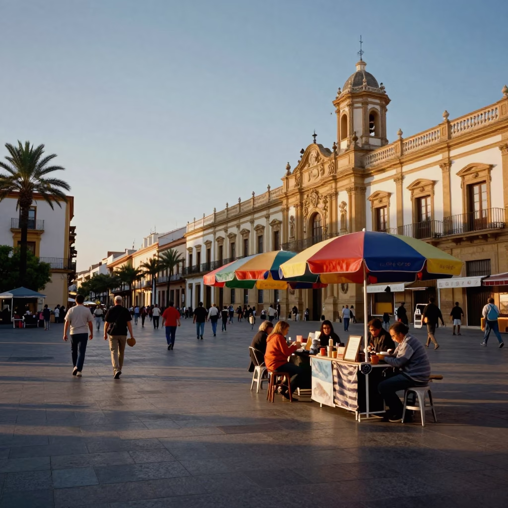 Valencia Spain Early Evening Street Scene with Colorful Umbrellas and City Architecture in in Valencia, Spain