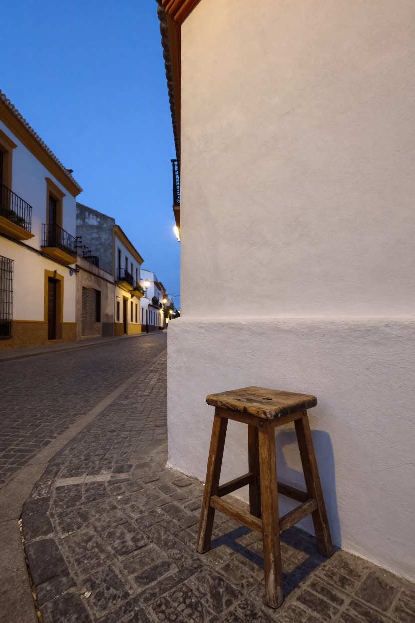Valencia Spain Early Evening Street Scene with Wooden Stool and Notebook in in Valencia, Spain
