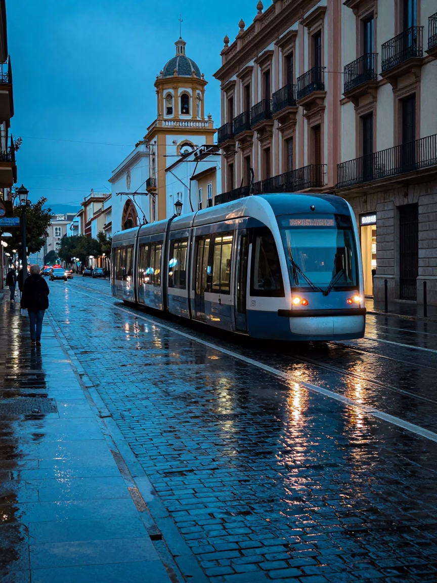 Valencia Spain Evening Blue Hour Tram Reflection on Wet Cobblestones in in Valencia, Spain