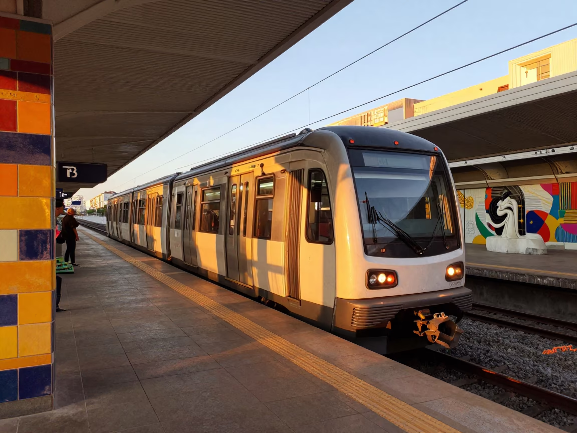 Valencia Spain Evening Light Metro Train Art Station Candid Moment in in Valencia, Spain