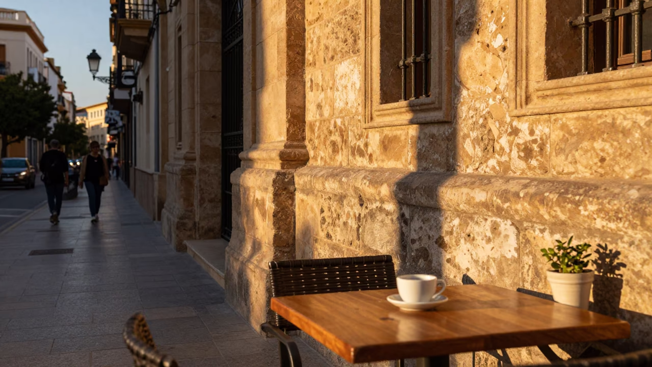 Valencia Spain Evening Light Street Scene with Cafe Table and Local Details in in Valencia, Spain