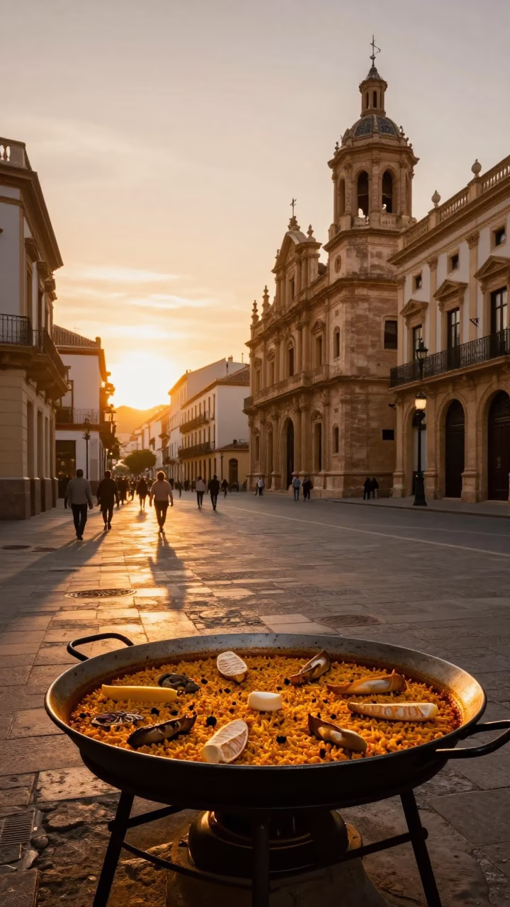 Valencia Spain Evening Light Street Scene with Traditional Paella and Local Dining in in Valencia, Spain