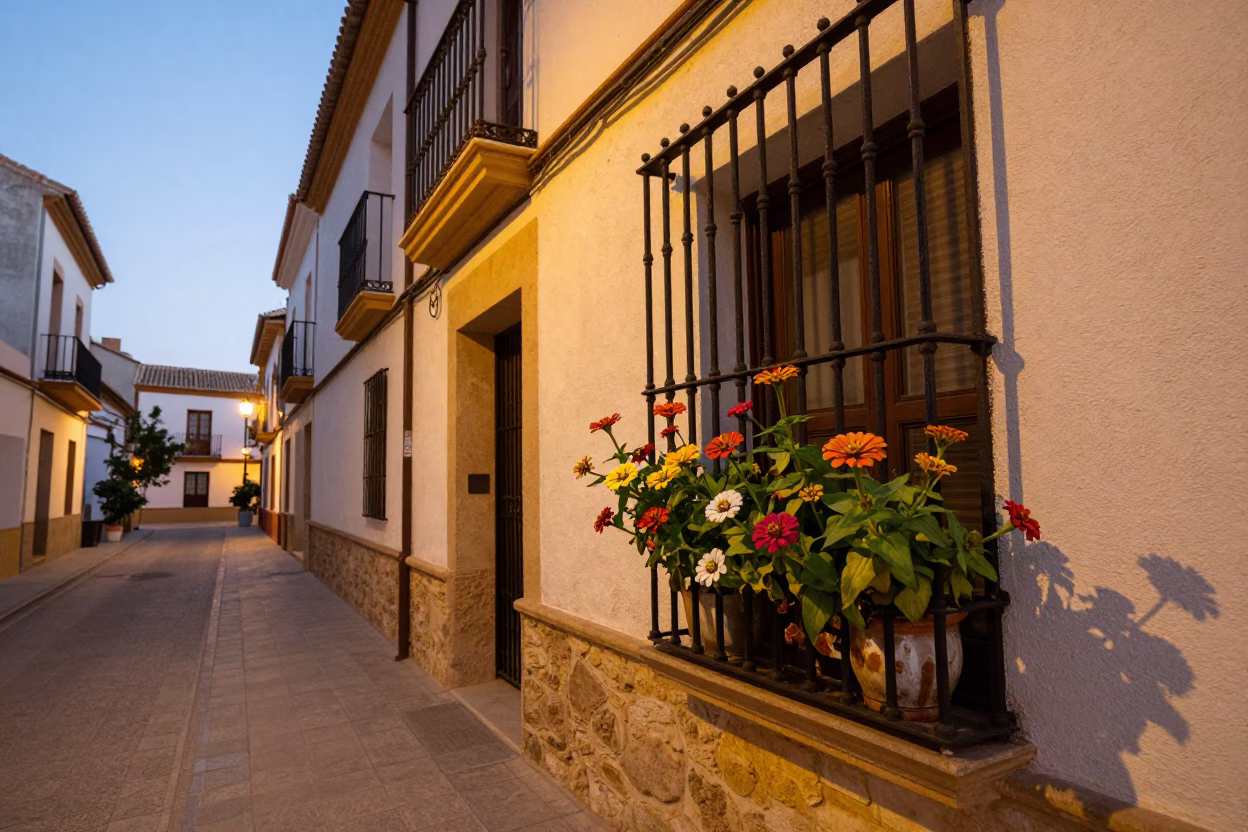 Valencia Spain evening light street scene with zinnias and local architecture in in Valencia, Spain