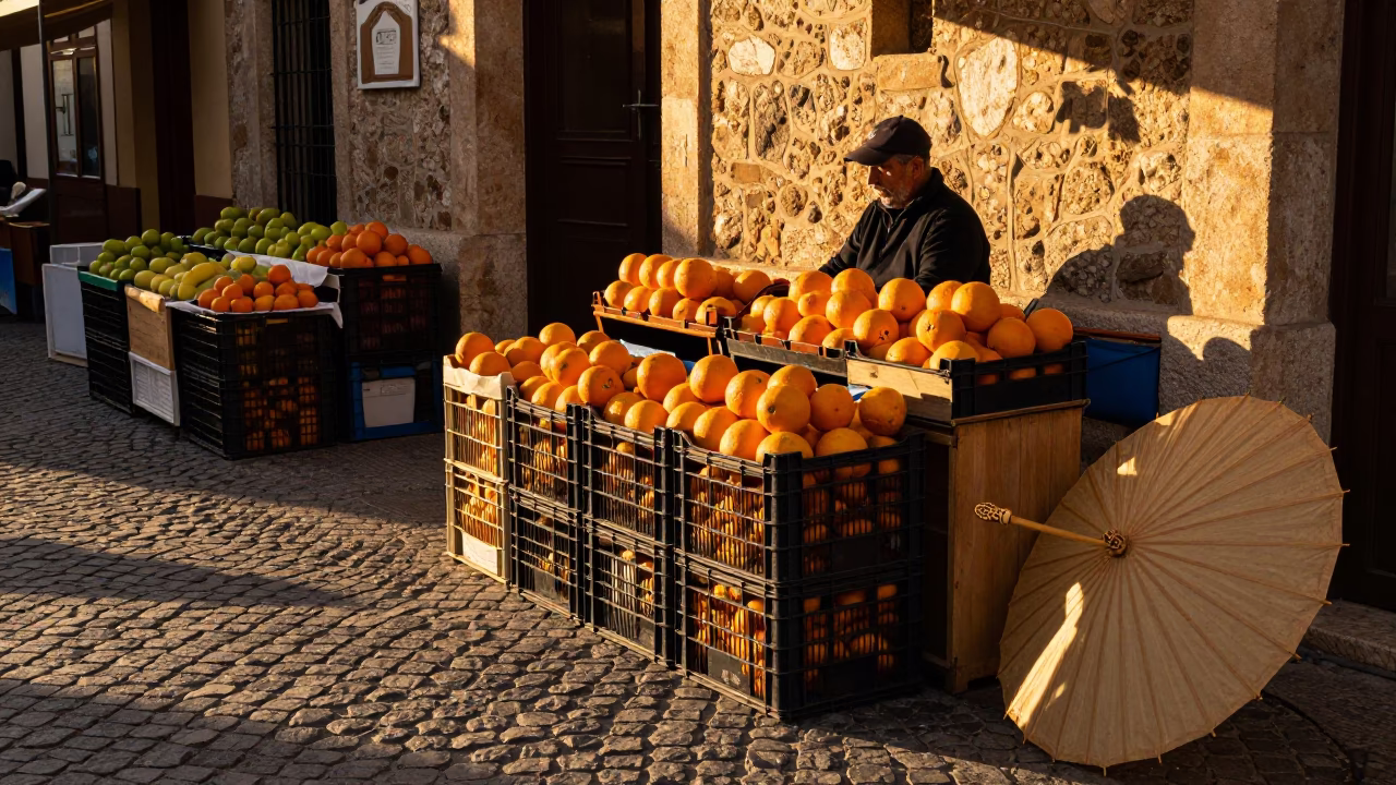 Valencia Spain Evening Market Scene with Fruit Crates and Local Commerce in in Valencia, Spain