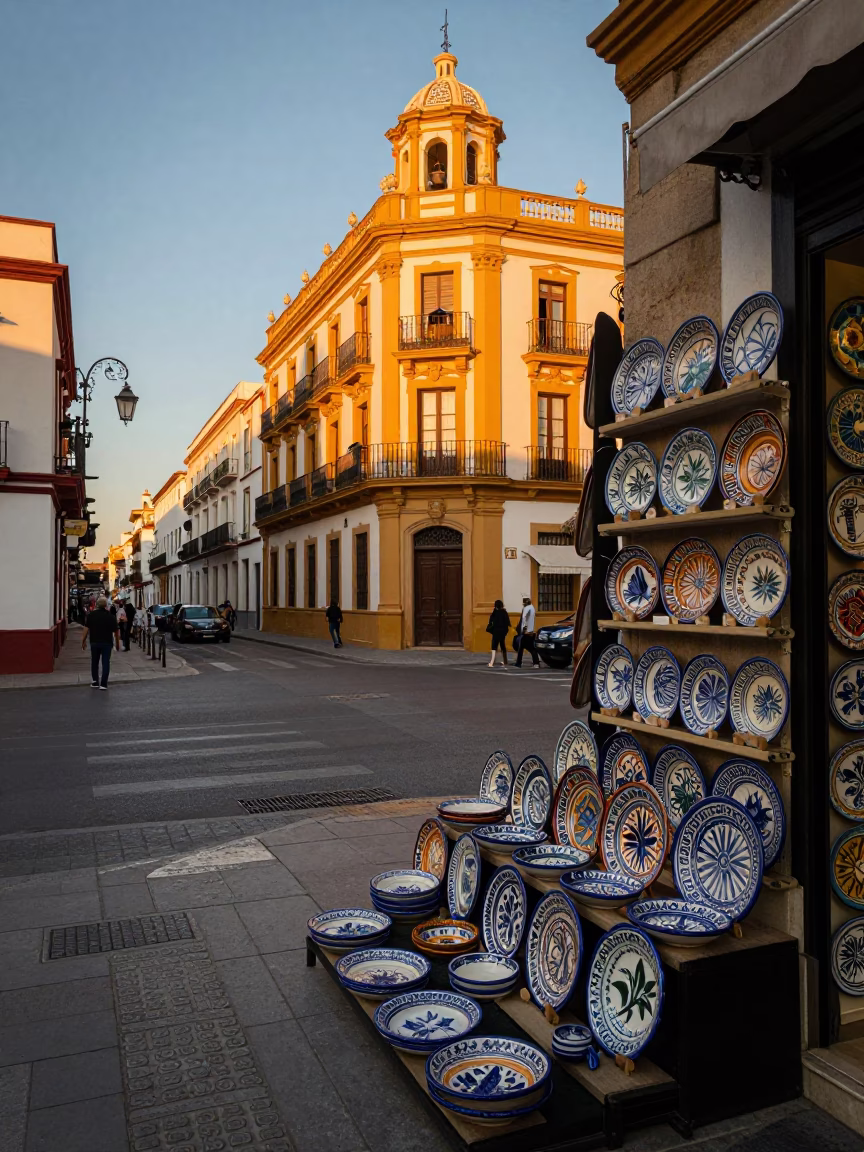 Valencia Spain Evening Street Scene with Ceramic Shop Display and Local Commerce in in Valencia, Spain