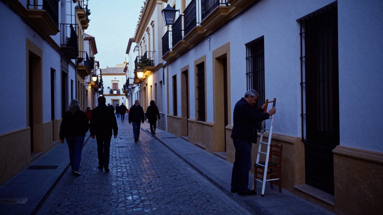 Valencia Spain Evening Street Scene with Ladder-Back Chair and Local Interaction in in Valencia, Spain