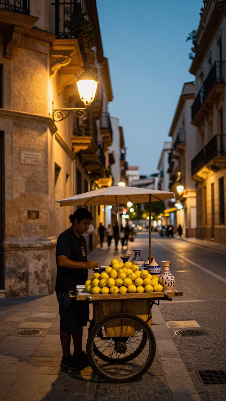 Valencia Spain Evening Street Scene with Lemons and Traditional Pottery at Twilight in in Valencia, Spain