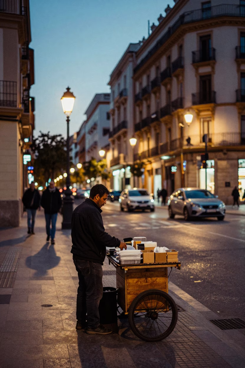 Valencia Spain Evening Street Scene with Local Vendors and City Lights in in Valencia, Spain