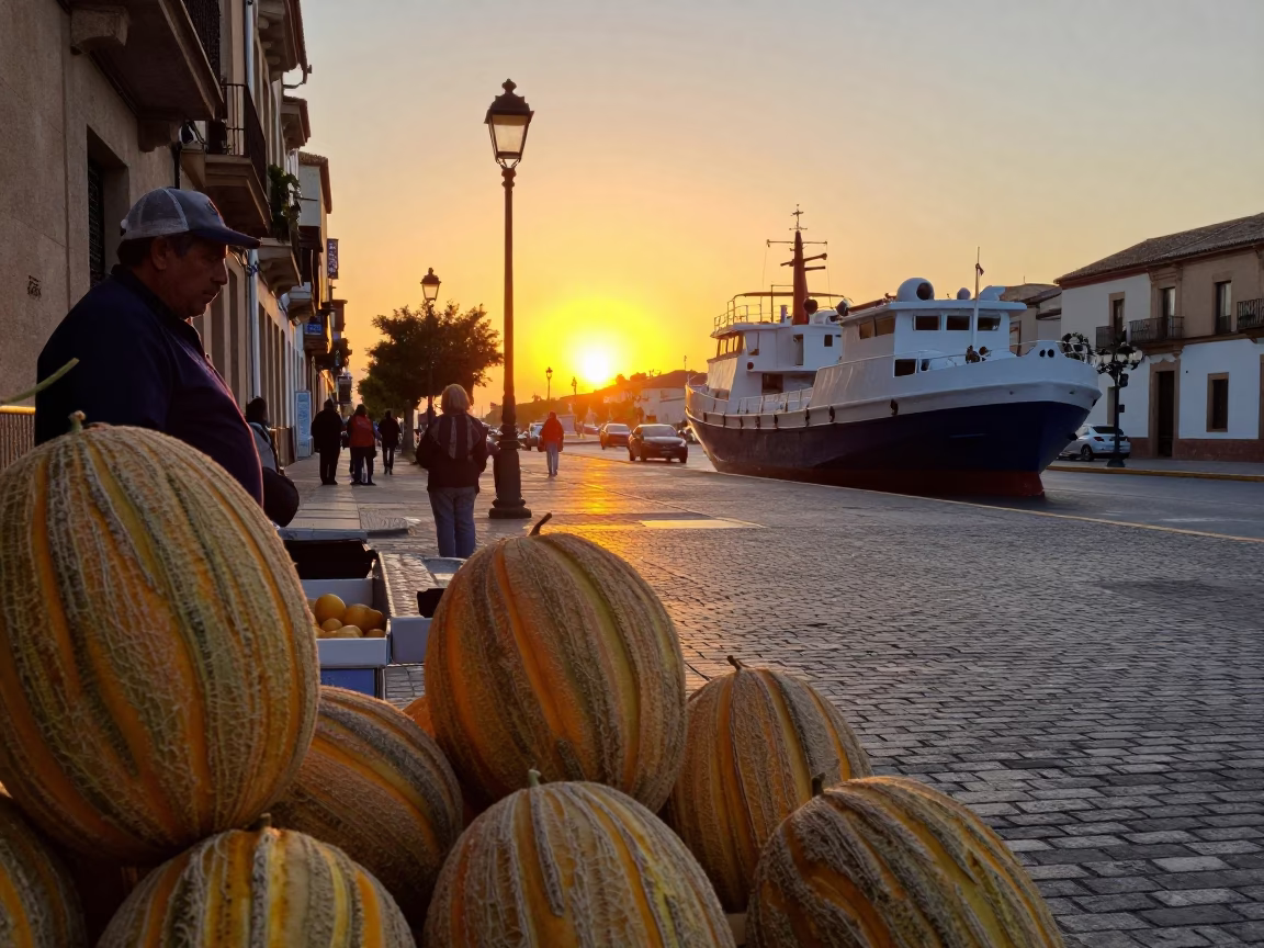 Valencia Spain Evening Street Scene with Melons and Cargo Ship Horizon in in Valencia, Spain