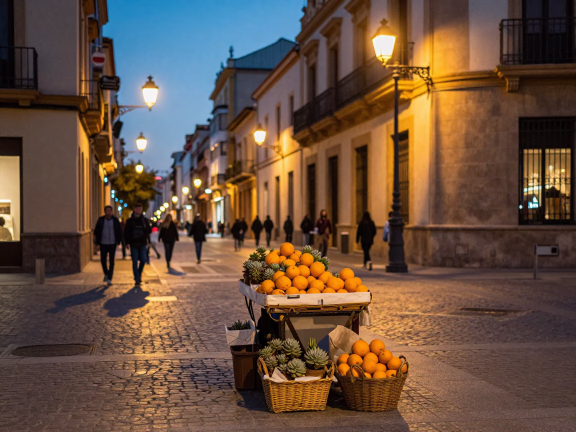 Valencia Spain Evening Street Scene with Oranges and Succulents at Dusk in in Valencia, Spain