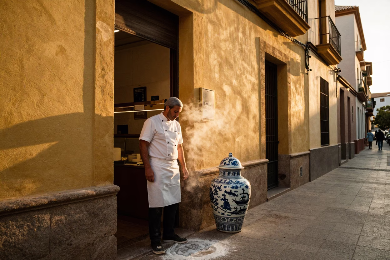 Valencia Spain Evening Street Scene with Pastry Chef and Porcelain Jar in in Valencia, Spain