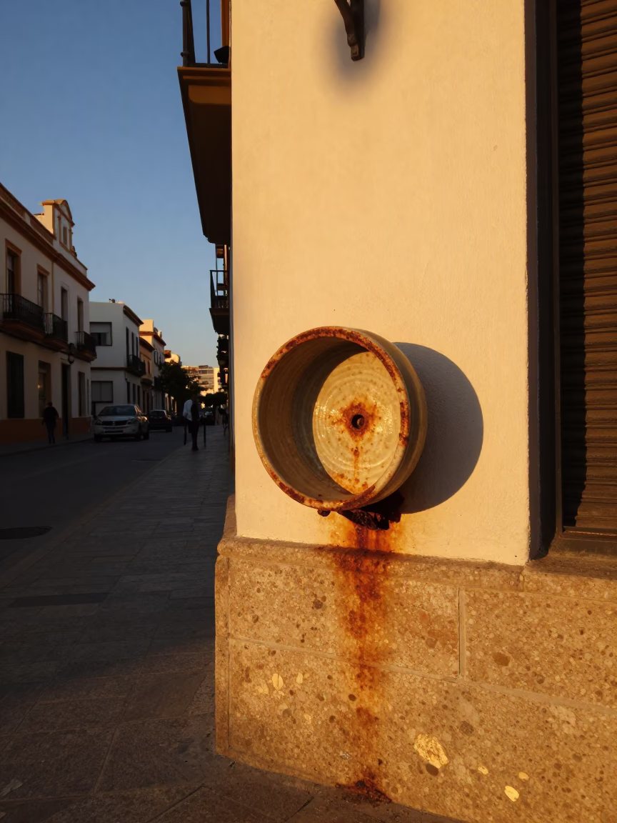 Valencia Spain Evening Street Scene with Rusty Basin and Sun Hats in in Valencia, Spain