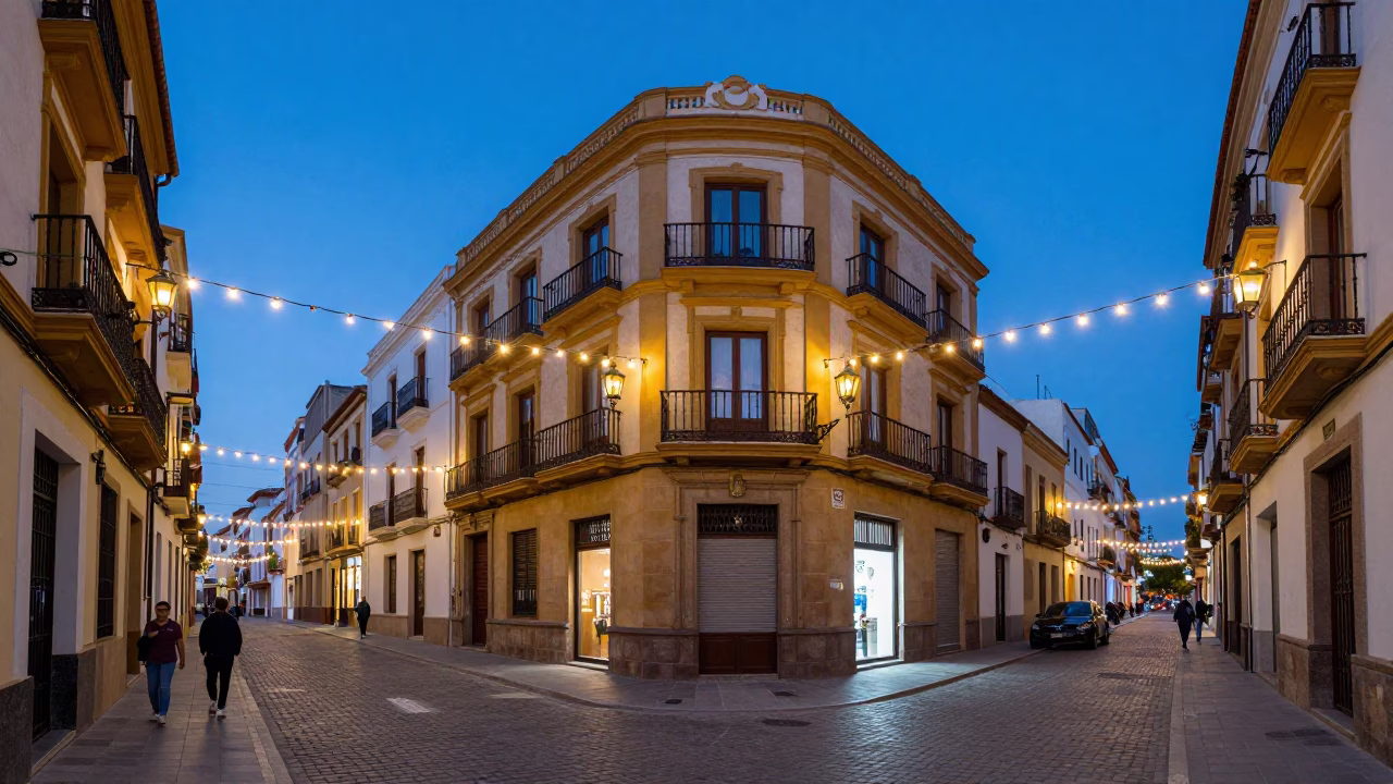 Valencia Spain Evening Street Scene with String Lights and Local Life in in Valencia, Spain